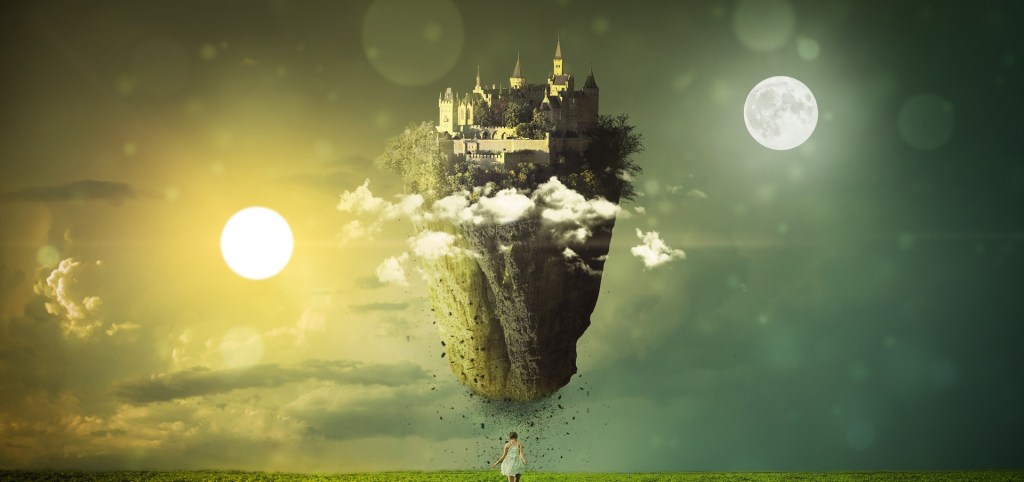 Poetry The warmth of the sun on the left, the mysterious glow of the moon on the right, on backdrop of soft yellow and blue tinged sky, at the center a piece of Earth raised atop it a castle misted over with clouds. At the bottom a field of green with a girl walking towards the raised piece of Earth wearing white.