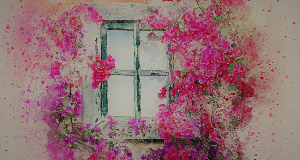 Poem A painting of a window wreathed in playful pink and purple flowers with a white backdrop of splashes of pink and orange paint