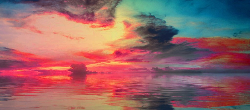 Poem sky colored in reds, yellows, blues reflected the same in an expanse of water