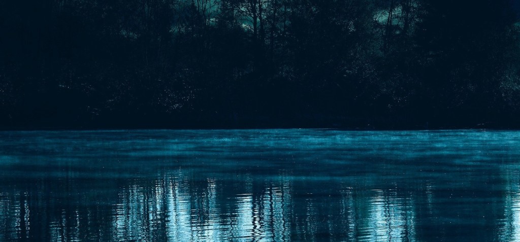 Dark lake reflecting dark woods in the evening moonlight